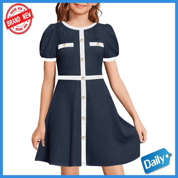 Girls Summer Dress Puff Sleeve Button Color Block Casual Party with Pockets